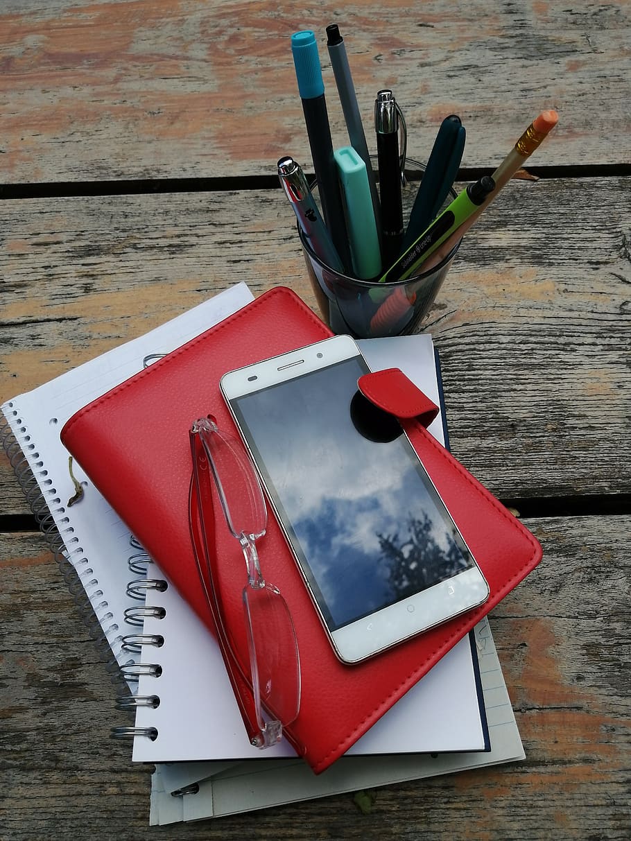 phone, diary, pencil, write, workbook, table, still life, high angle view, pen, wood - material