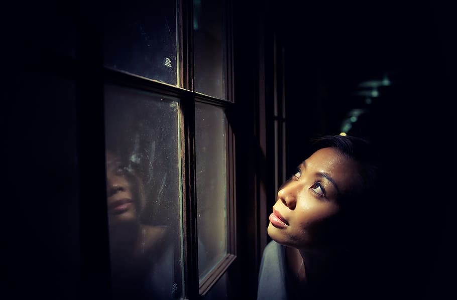 window, woman, girl, people, glass, pane, reflection, lookup, dark, looking