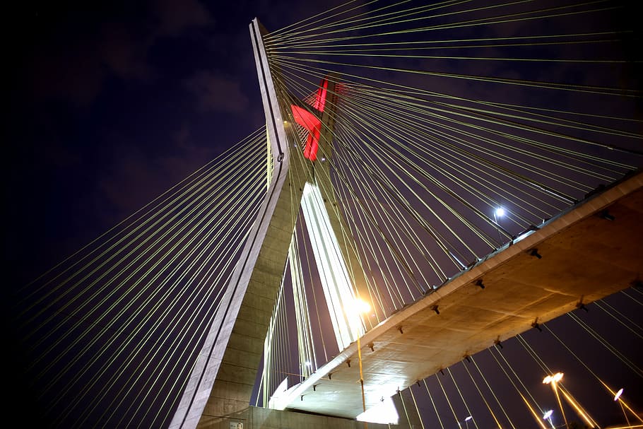 bridge, suspended on cables, são paulo, architecture, postcard, lights, night, highway, brazil, urban