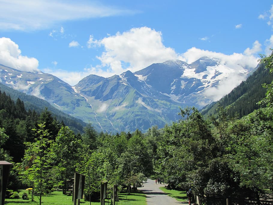 austria, mountains, sky, blue, clouds, landscape, trees, nature, background, mountain