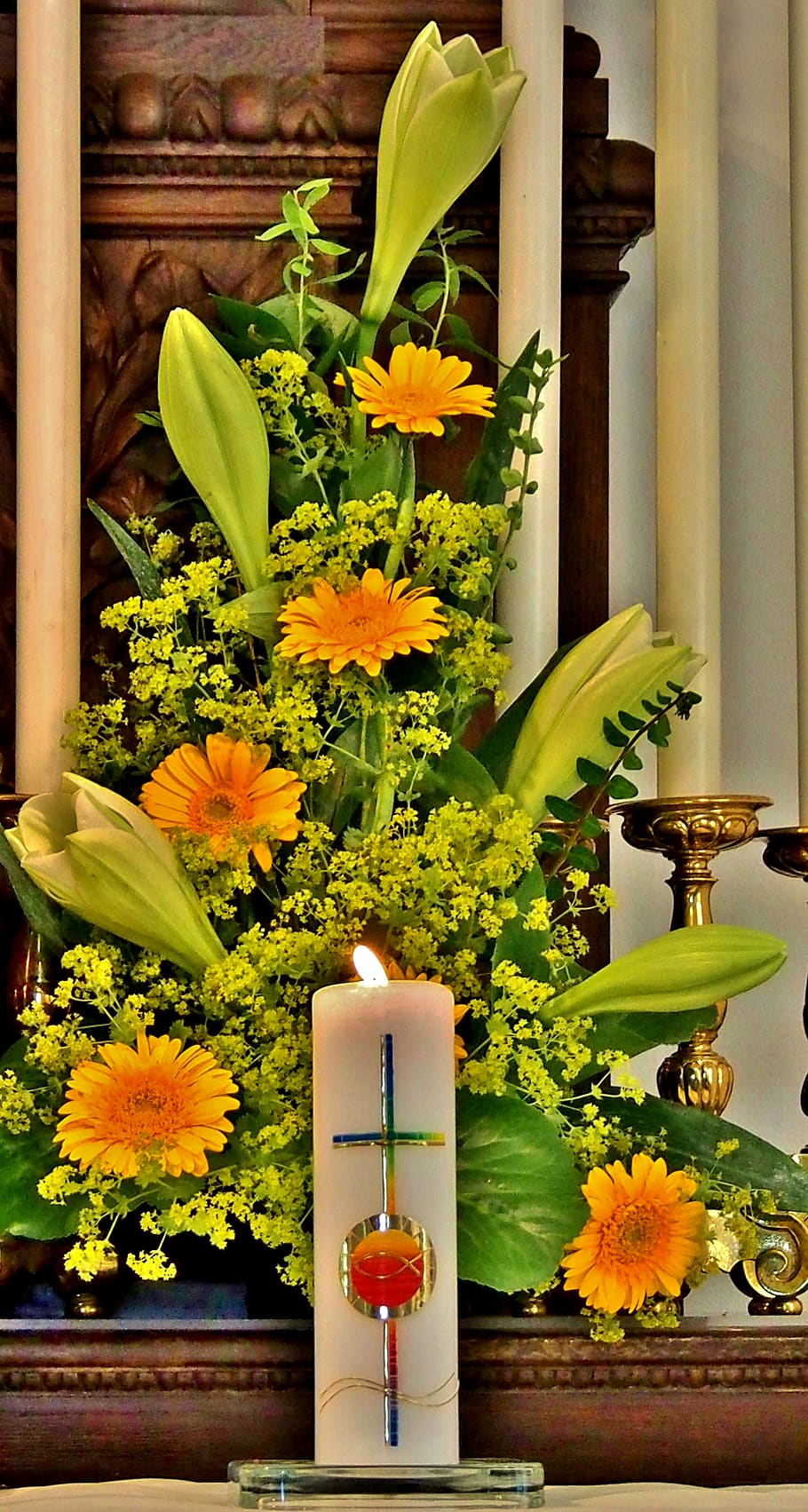 flowers, floral arrangement, floral decorations, decoration, lilies, white, gerbera, yellow, candle, church