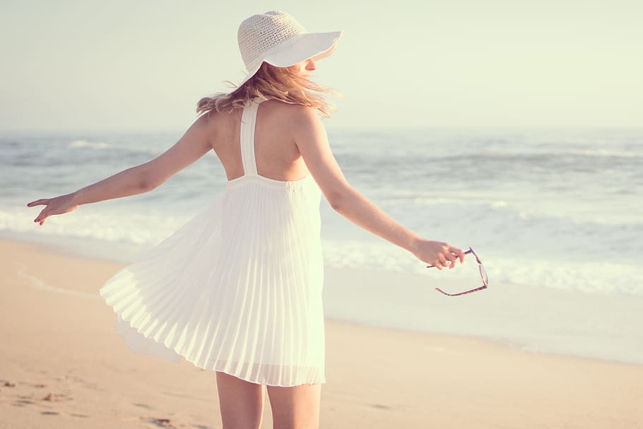 vistiendo, sombrero, vestido de verano, mujer, gente, playa, moda, niña, océano, arena