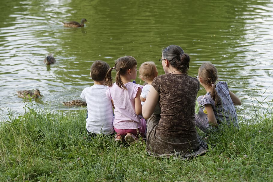 family, parent, kids, boys, girls, people, place, grass, green, lake