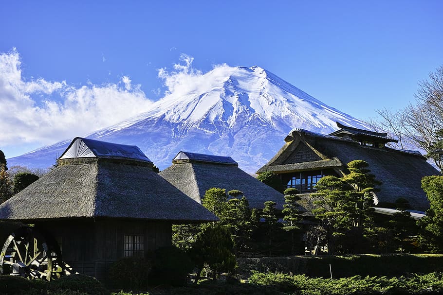 brown, houses, mountain range, mt fuji, japan, mountains of japan, sky, landscape, world heritage site, blue sky
