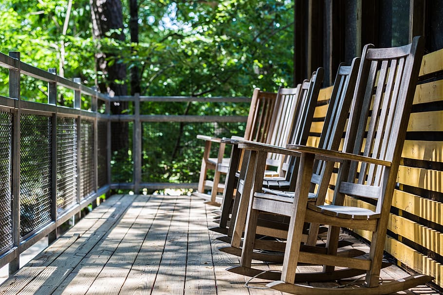 woods, outdoors, porch, rocking chairs, wood - material, seat, chair, nature, absence, day