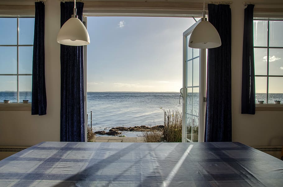 two, white-and-silver pendant lamps, beach, view, autumn, hdr, sea, cottage, window, indoors