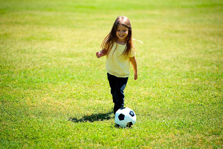 toddler girl, playing, soccer, daytime, girl, ball, happy, fun, child, kid