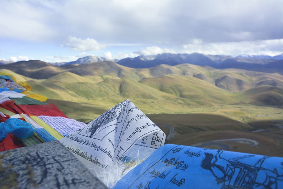 tibet, flag, prayer, sky, landscape, asia, mountains, outdoor, spiritual, religious