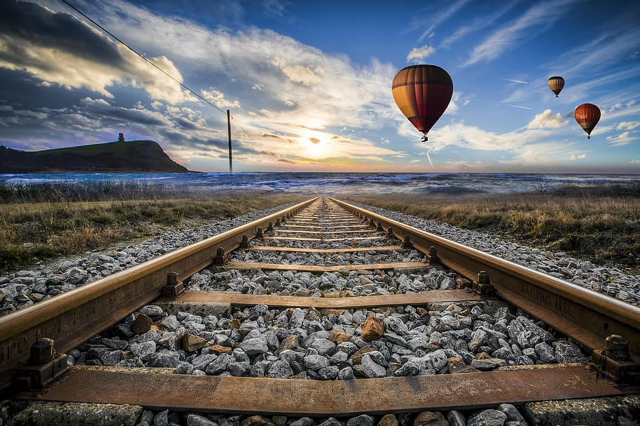 rusted, trail rail, three, hot, air balloons, daytime, hot-air-balloon-valley-sky, gleise, old, railroad