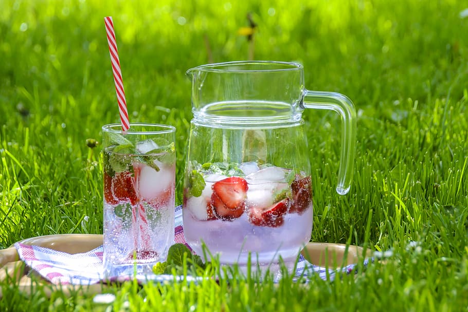 fruit juice, clear, glass pitcher, drinking glass, green, grass, strawberry drink, fruit tea, ice, refreshment