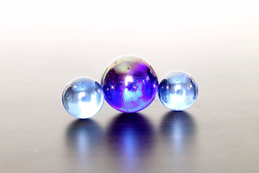 three, blue, marble toys, marbles, balls, garnish, abstract, reflection, sphere, close-up