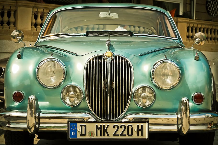 close-up photo, teal car, auto, jaguar xk, automotive, oldtimer, vehicle, old, classic, old car