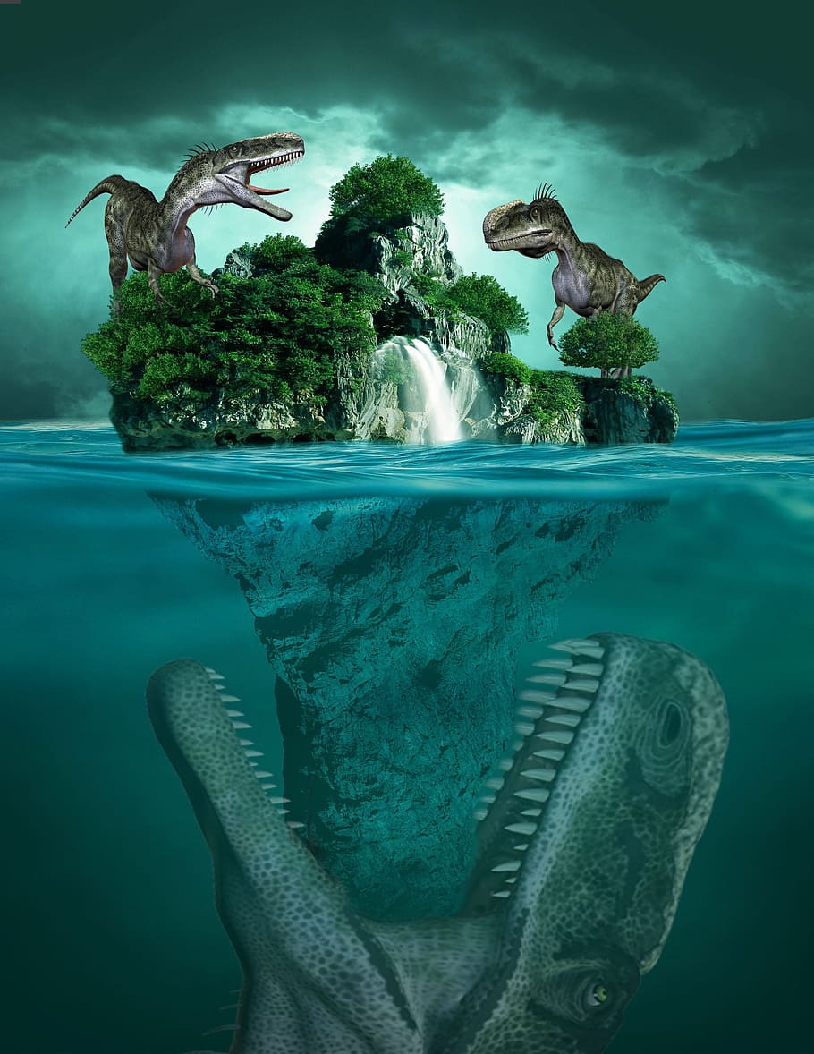 dinosaurs, island illustration, island, sea, ocean, sky, cloud, water, dinosaur, tree