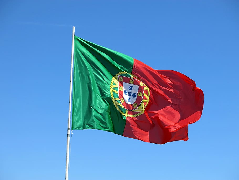 green, red, waving, flag, daytime, portugal, wind, sky, blue, symbol