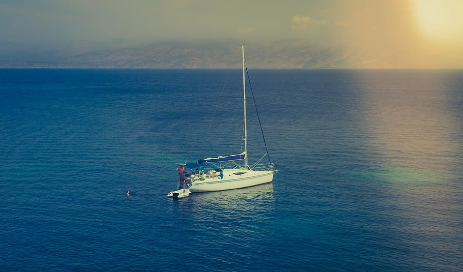 boat, body, water, white, sailboat, horizon, blue, ocean, sea, nature