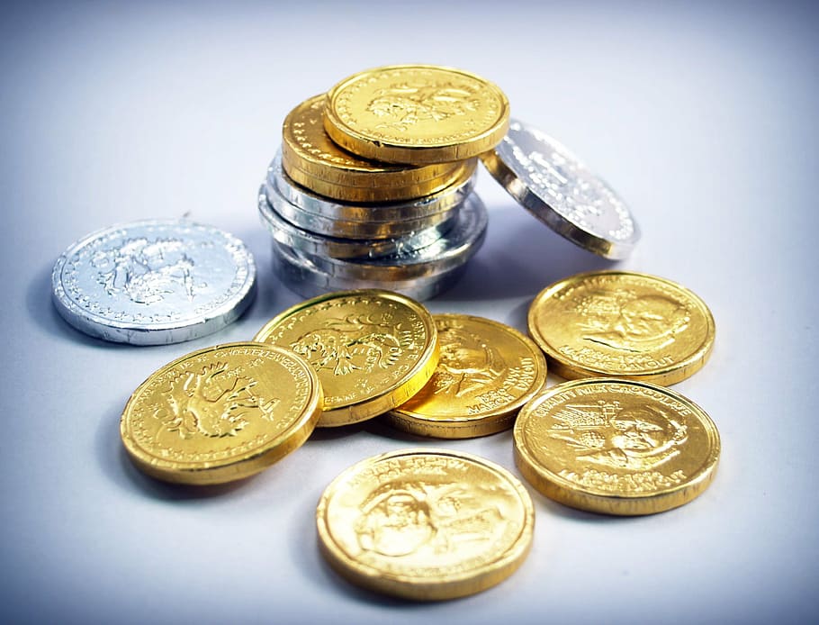 close-up photo, silver-colored, gold-colored coin lot, white, surface, coin, gold, cash, isolated, tower