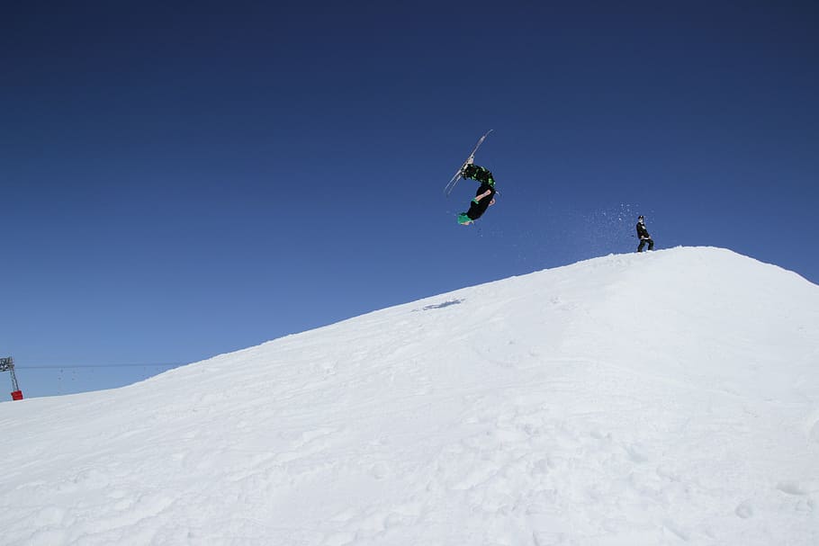 person snowboarding, skiing, artistic, blue sky, mountain, sports, snow, sport, extreme Sports, winter