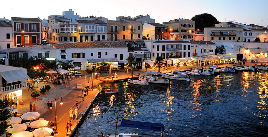 boats, dock, buildings, white, sky, daytime, spain, balearic islands, mediterranean, menorca