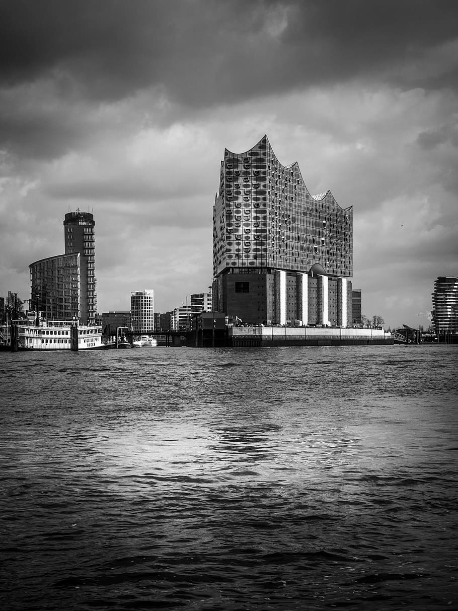 grayscale photography, building, hamburg, city, big city, hanseatic city, water, river, lake, elster