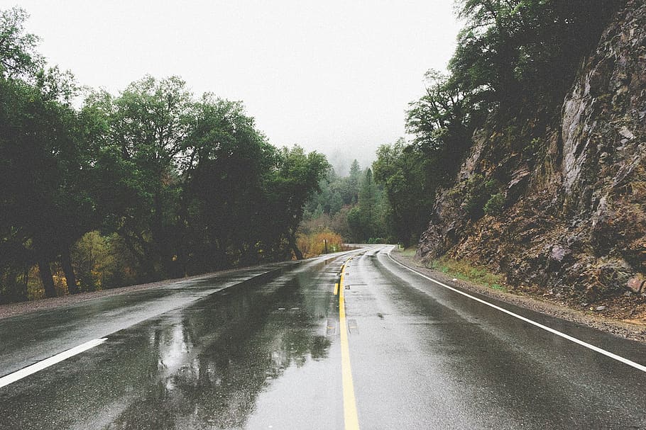 carretera de asfalto, montaña, autopista, árboles, roca, formación, carretera, charcos, mojado, lluvia