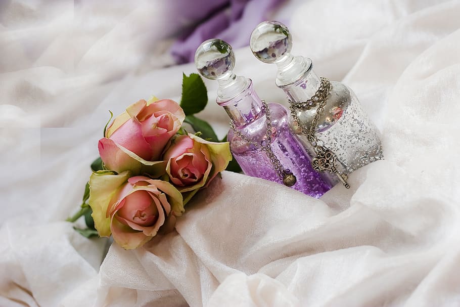 ピンク, バラの花, 2, クリア, ガラス瓶, バラ, ボトル, 紫, 白, ロマンス
