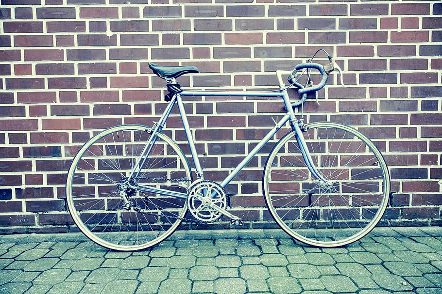 gris, detrás, marrón, pared, bicicleta de carretera, fixie, marcha fija, velocidad única, vintage, retro
