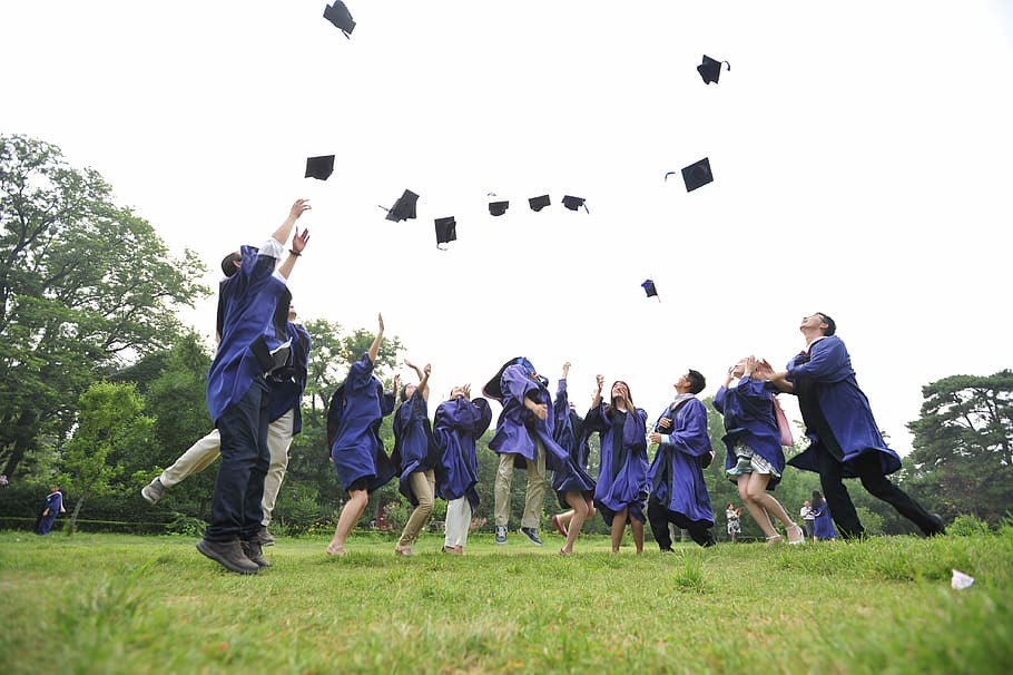 newly, graduates, green, grass field, wearing, purple, toga, throwing, hats, air