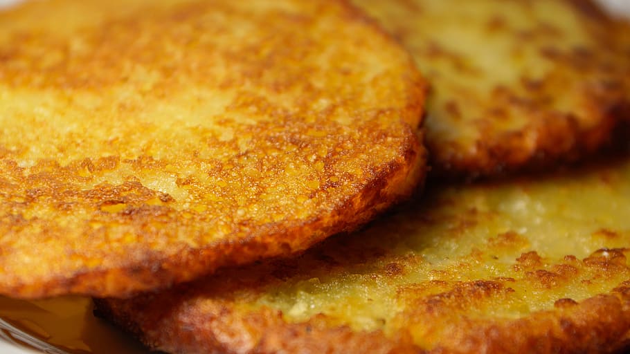 close-up photo, patties, potato pancakes, latkes, food, potato, pancake, fried, prepared, brown