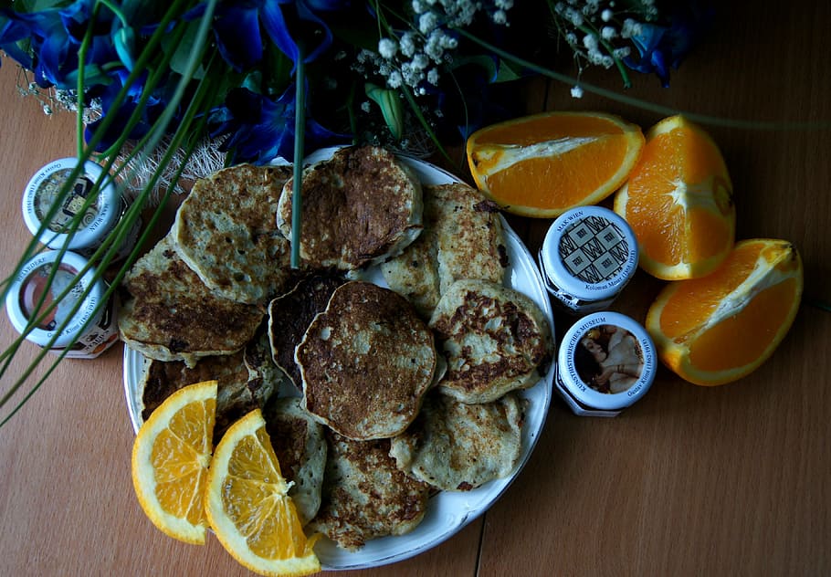 Muffin, naranjas, desayuno, orquídea, panqueques de plátano, mañana, buenos días, mermelada de naranja, mermelada, flores