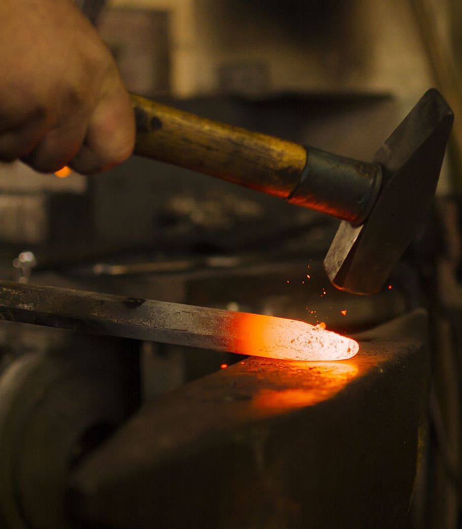 hammer, melted, iron photo, forge, craft, anvil, human hand, hand, heat - temperature, workshop