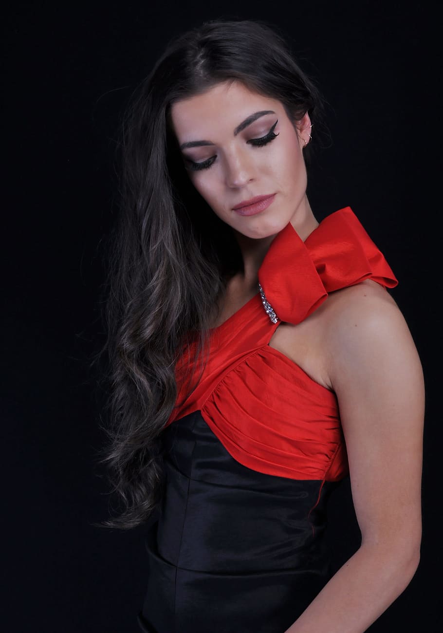 woman, wearing, red, black, single-strap dress, fashion, portrait, adult, young, model