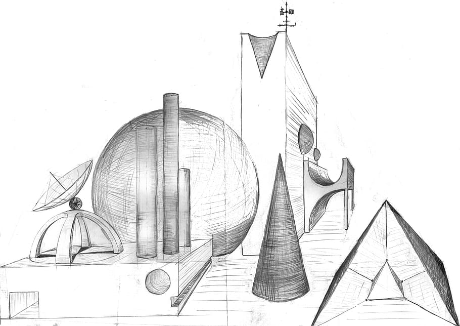 black sketch, fantasy, architecture, forward, sci fi, abstract, ball, conical, parabolic mirrors, parabolic antenna