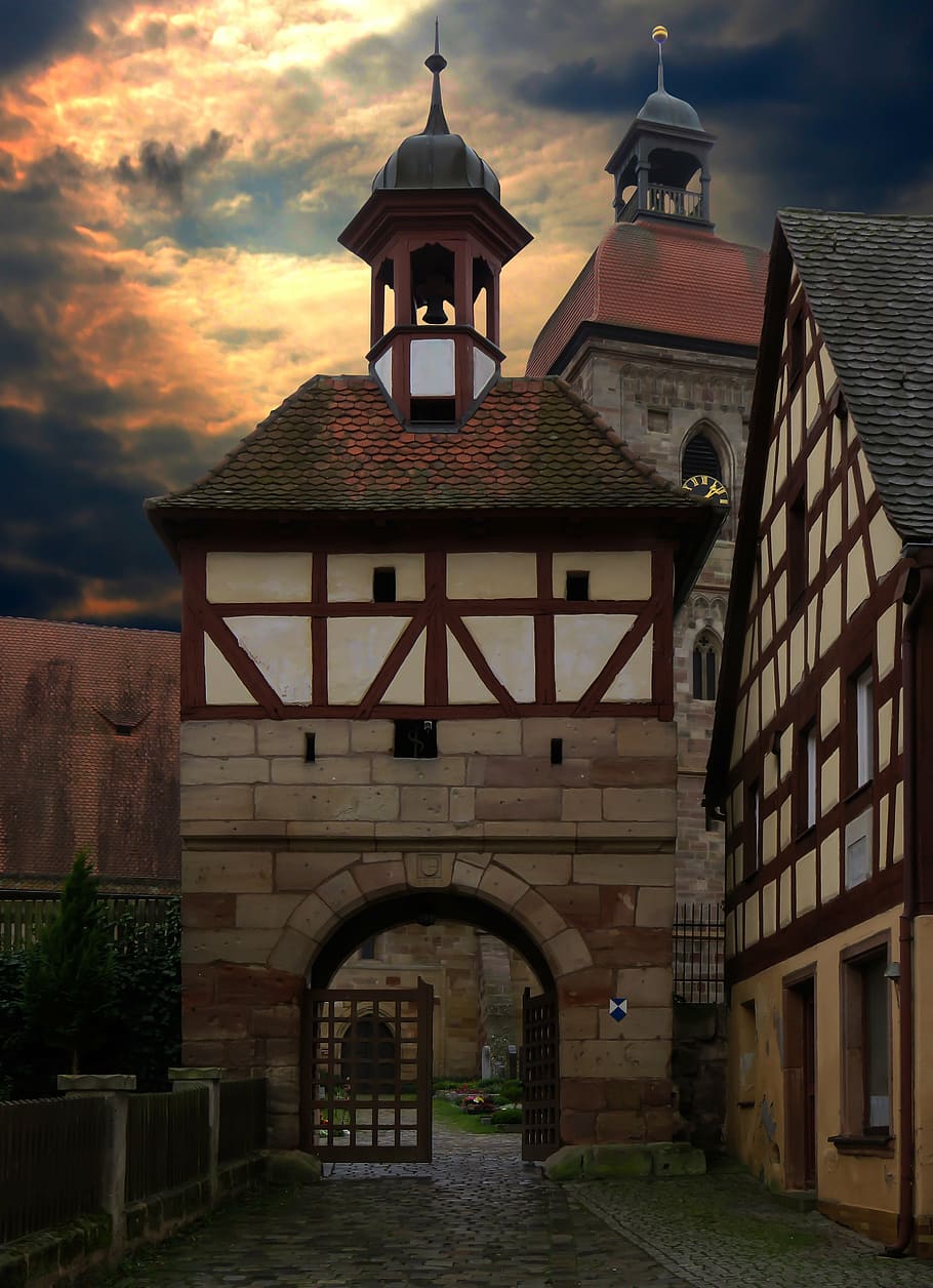 brown, gateway tower, house, middle ages, historically, old town, tower, church, mystical, mood