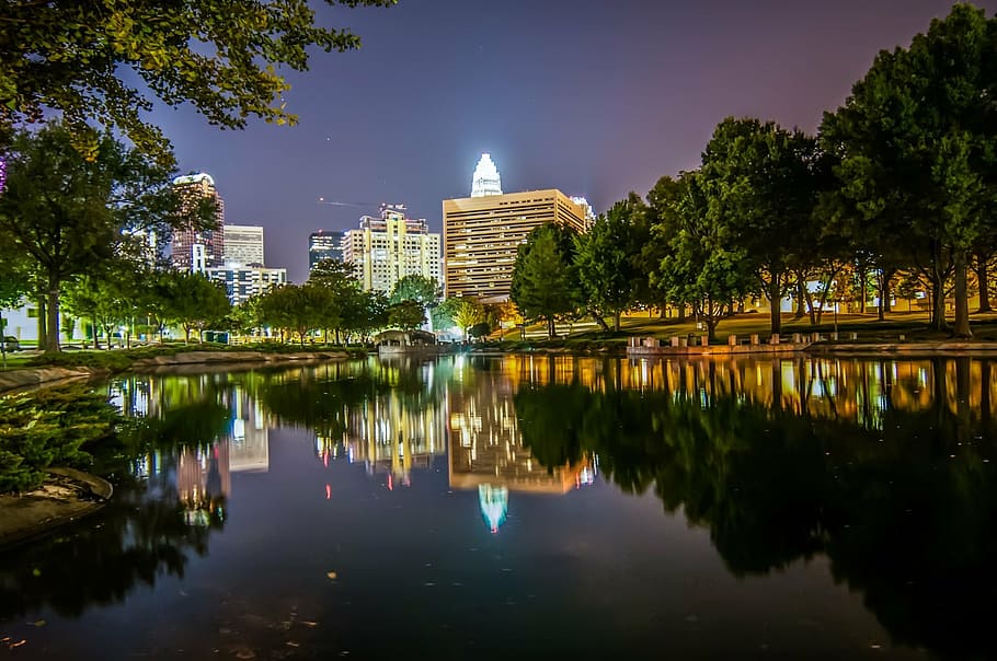 long-angle photography, cityscape, night, banks, boom town, buildings, business, charlotte, charlotte nc, city