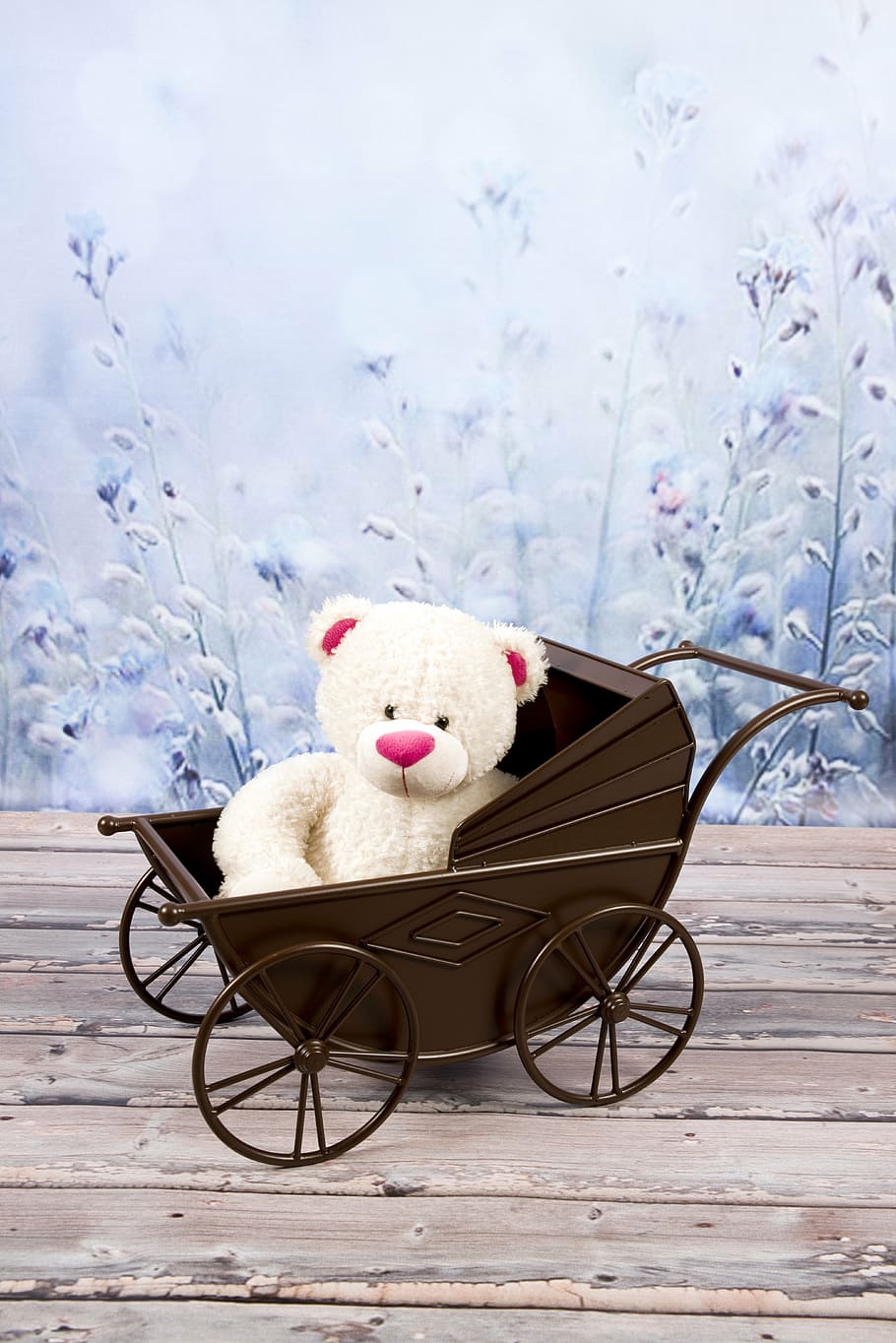 white, bear, plush, toy, brown, steel stroller, teddy bear, the mascot, cuddly, sitting