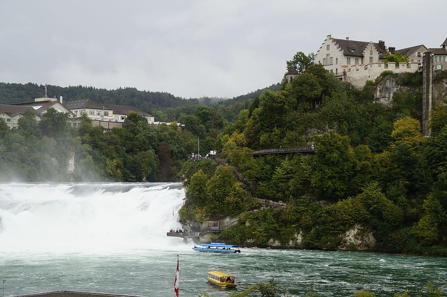 rhine falls, switzerland, schaffhausen, waterfall, rhine, water, water mass, rock, flood, roaring