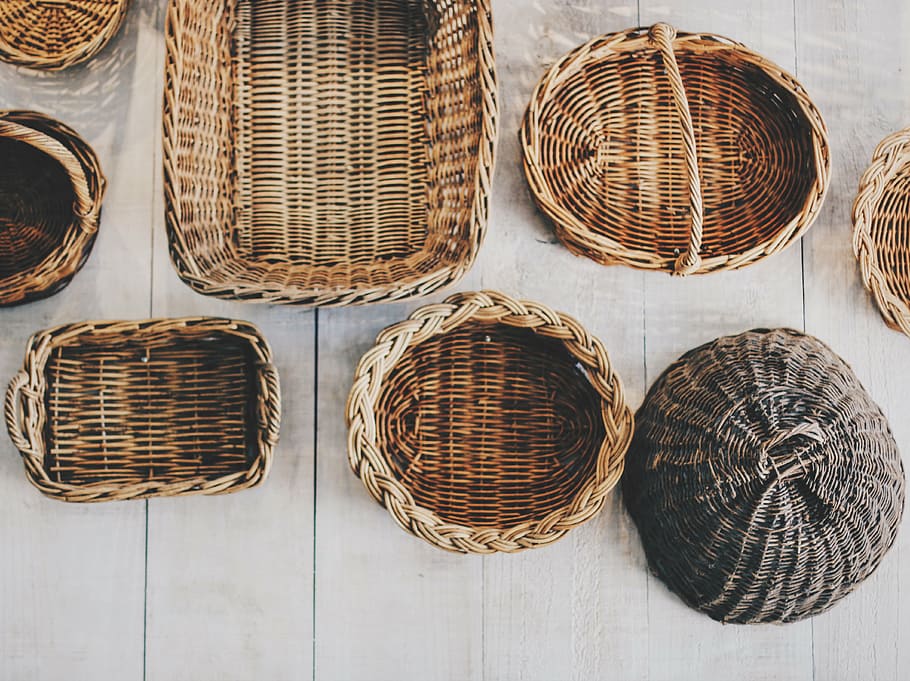 assorted-shape, woven, basket lot, assorted, brown, wicker, baskets, objects, basket, hanging