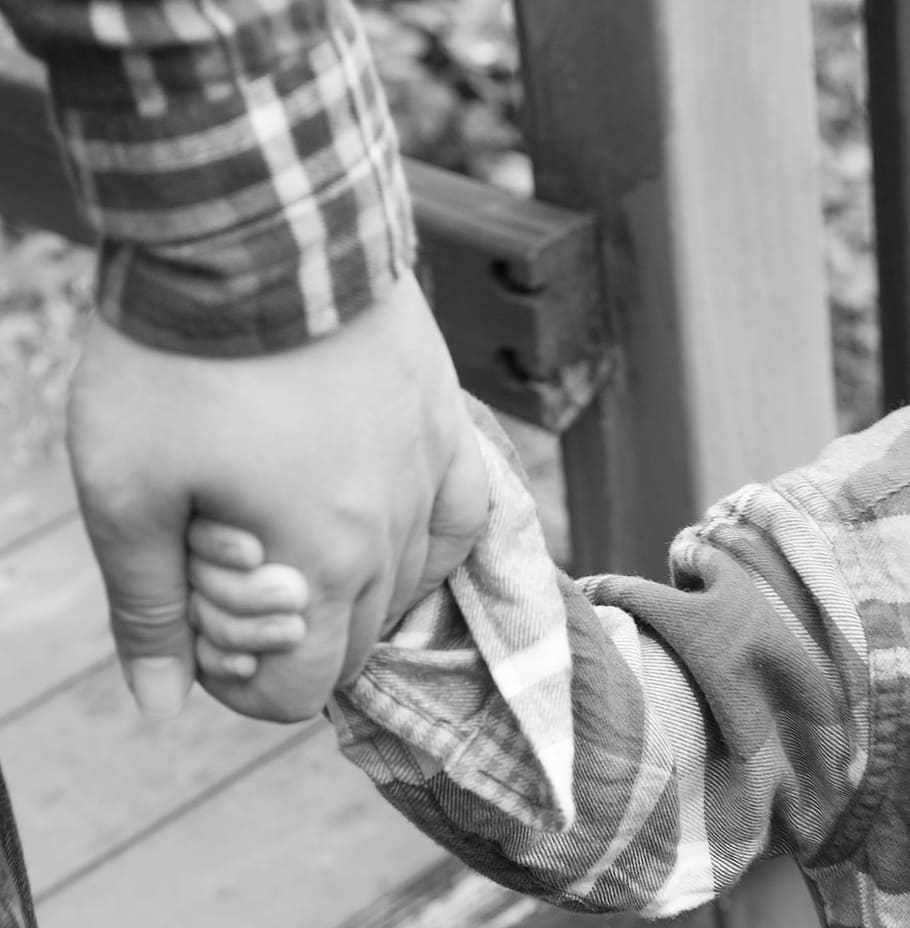 grayscale photo, two, person, holding, hands, a person, hand, father and son, like, support