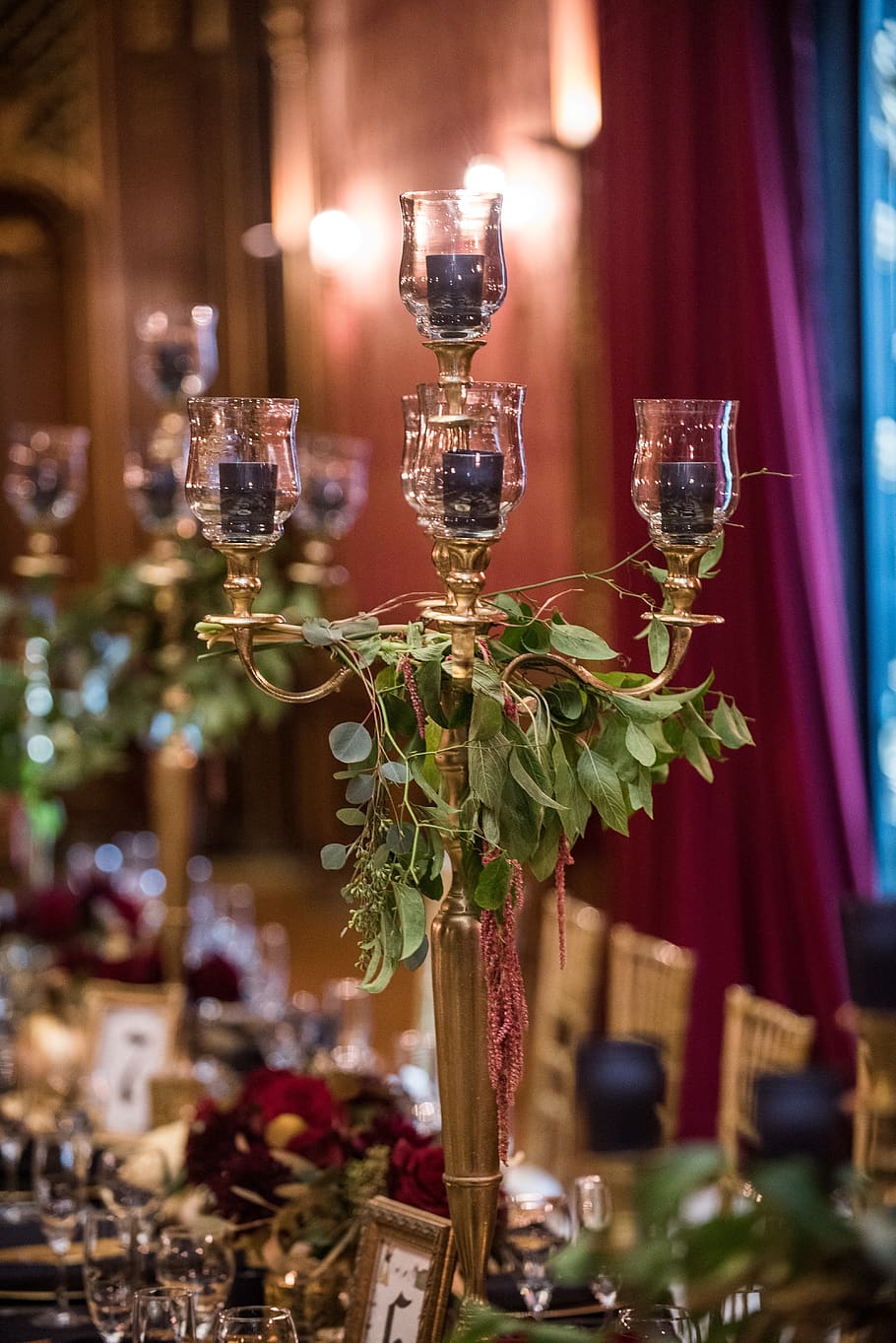 candelabra, candles, centerpiece, wedding, reception, party, fancy, candlestick, glass, focus on foreground