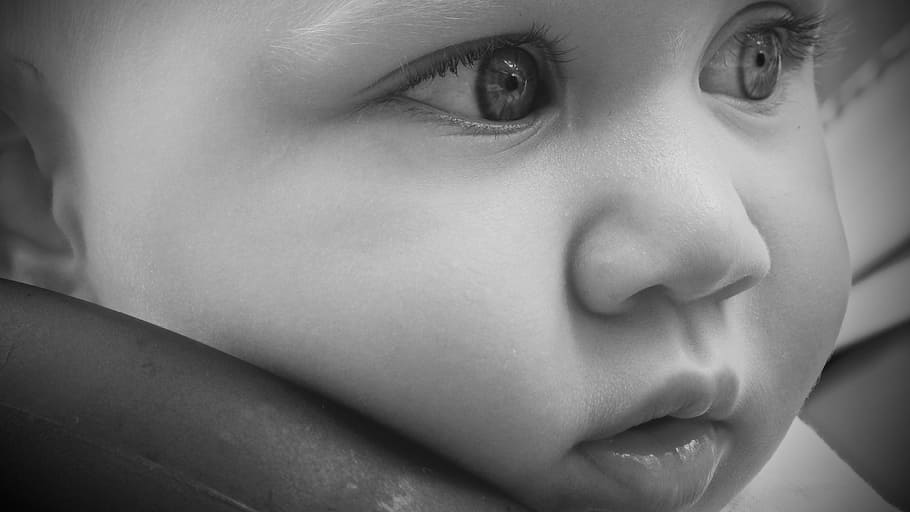 grayscale photography, baby, face, child, look, innocence, childhood, bimbo, delicacy, eyes