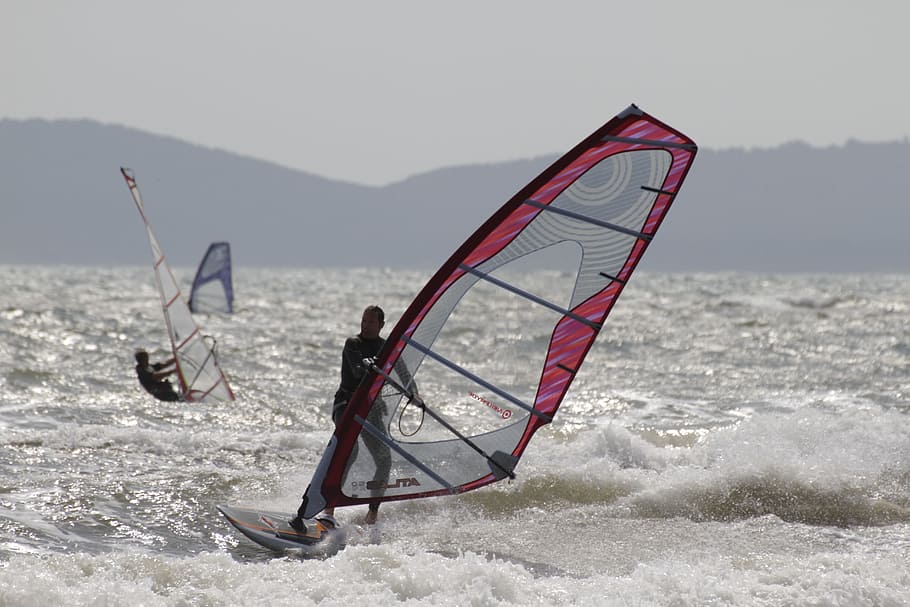Windsurfing, Sea, Waves, sea, waves, sport, outdoors, nature, day, sky, mountain