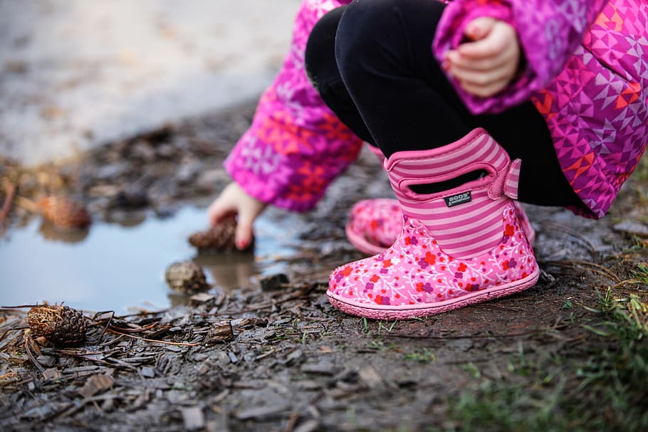 puddle, cute child, fall, outdoors, boots, play, mud, pink color, one person, childhood