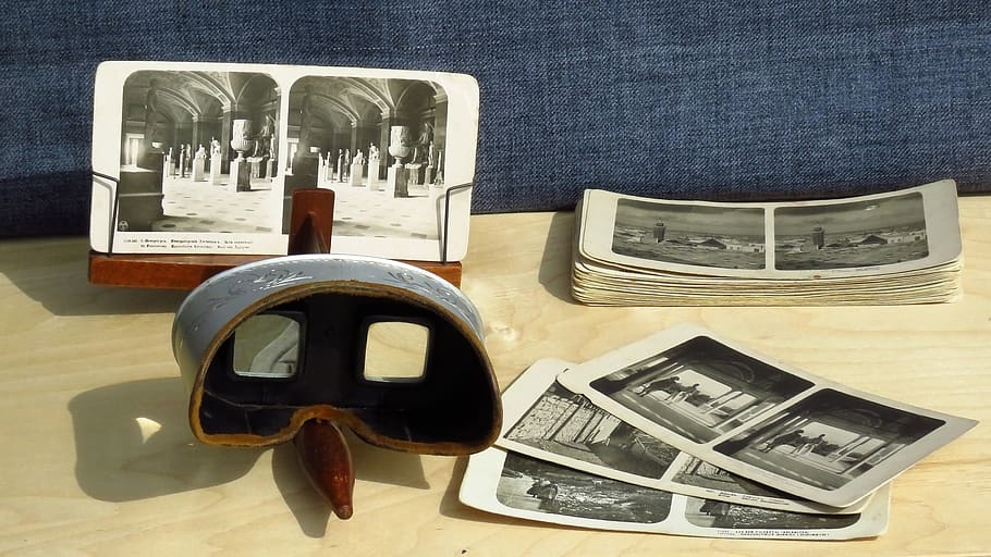 stereoscope, stereo photo, retro, photos, old, phototechnique, technology, nostalgia, history, table