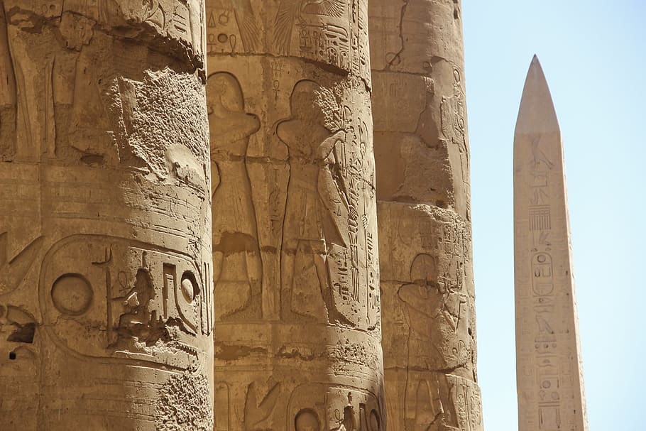 foto, marrón, pilares, jeroglíficos, egipto, columnas, luxor, historia, el pasado, arquitectura