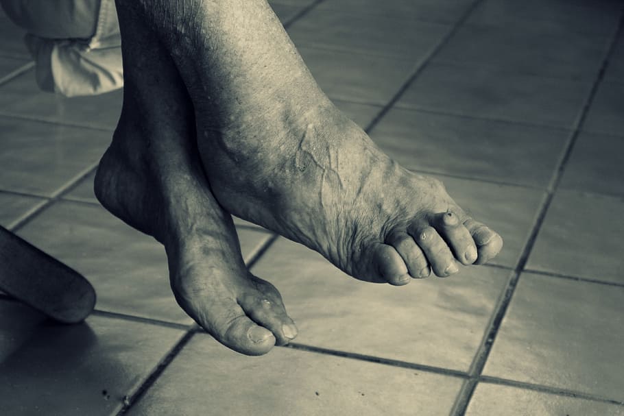 grayscale photo, humans feet, grayscale, humans, feet, elderly woman, old age, age, grandma, old