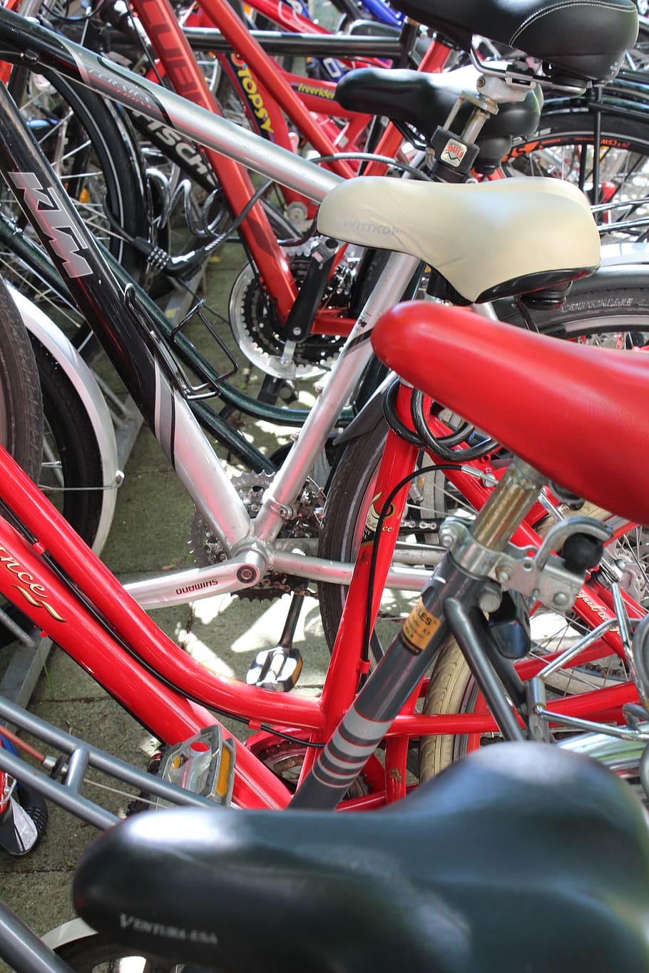 bike, saddle, bicycles, turned off, wheels, red, transportation, mode of transportation, land vehicle, day