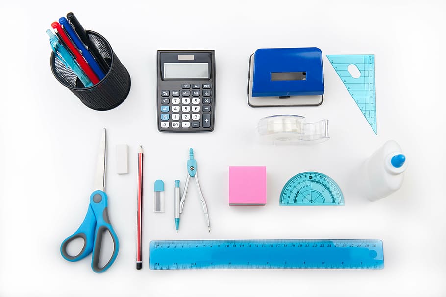 black, desk calculator, blue, scissor, glue bottle, ruler, pencil, pens, supplies, teach