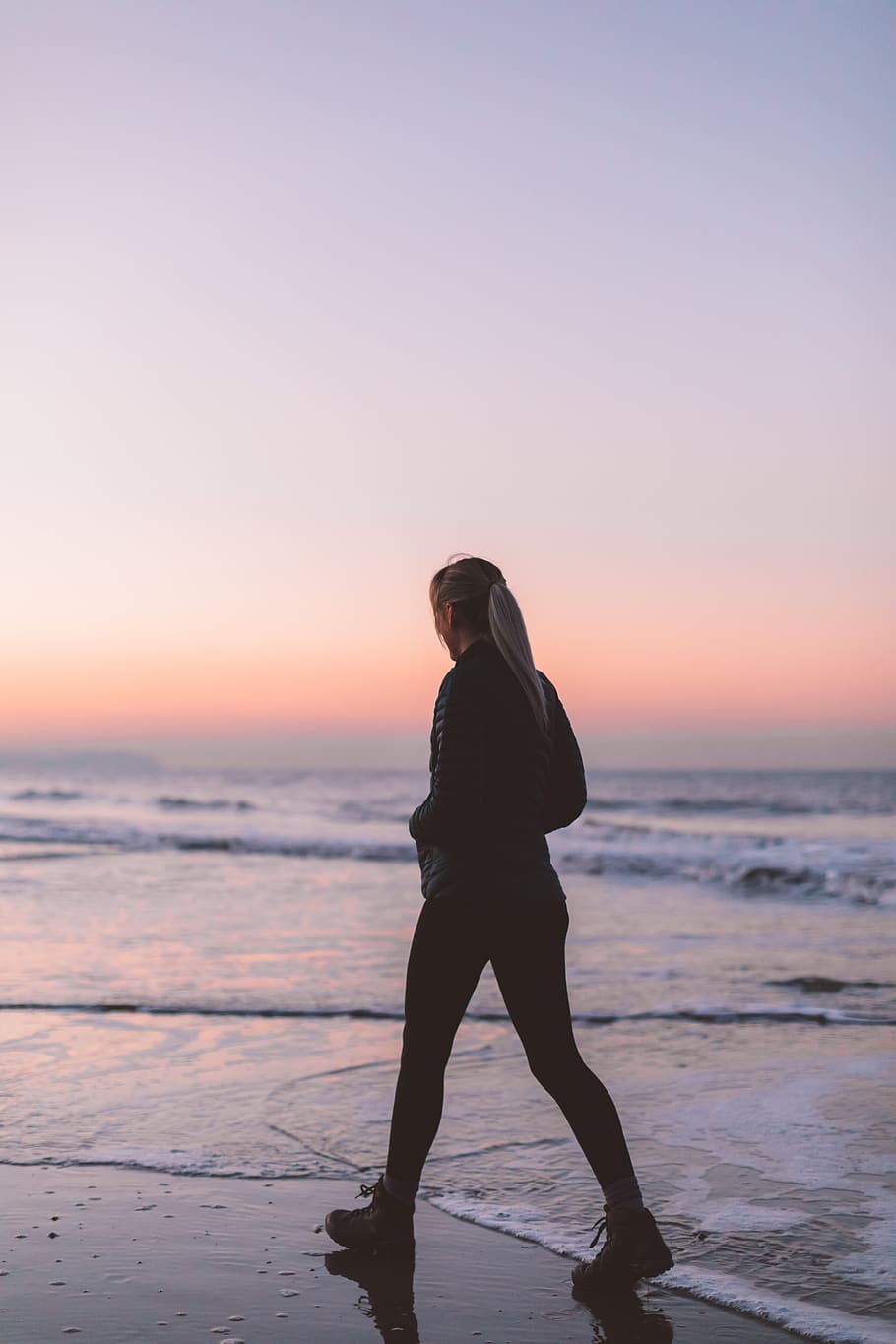walking, beach, woman, silhouette, waves, sunset, sky, healthy, peaceful, calm