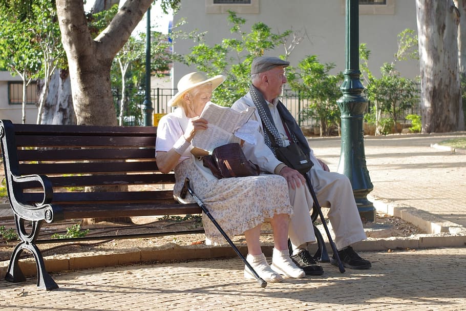 старый, человек, женщина, деревянный, скамейка, старость, парк, выход на пенсию, наслаждаться, пара
