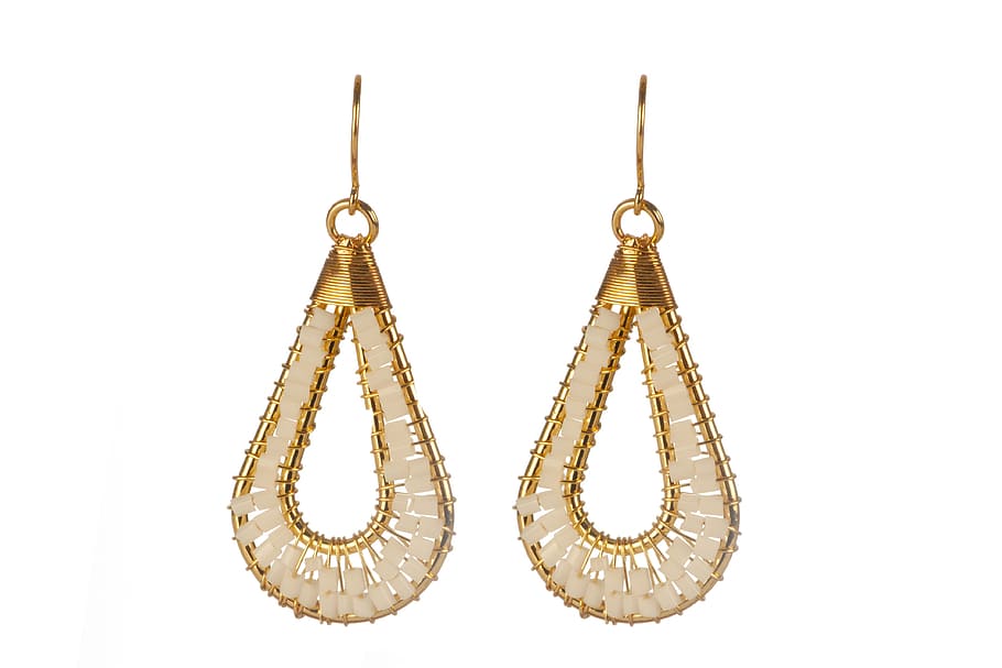 pair, gold-colored hook earrings, earrings, ornaments, female, fashion, jewelry, decoration, jewel, luxury